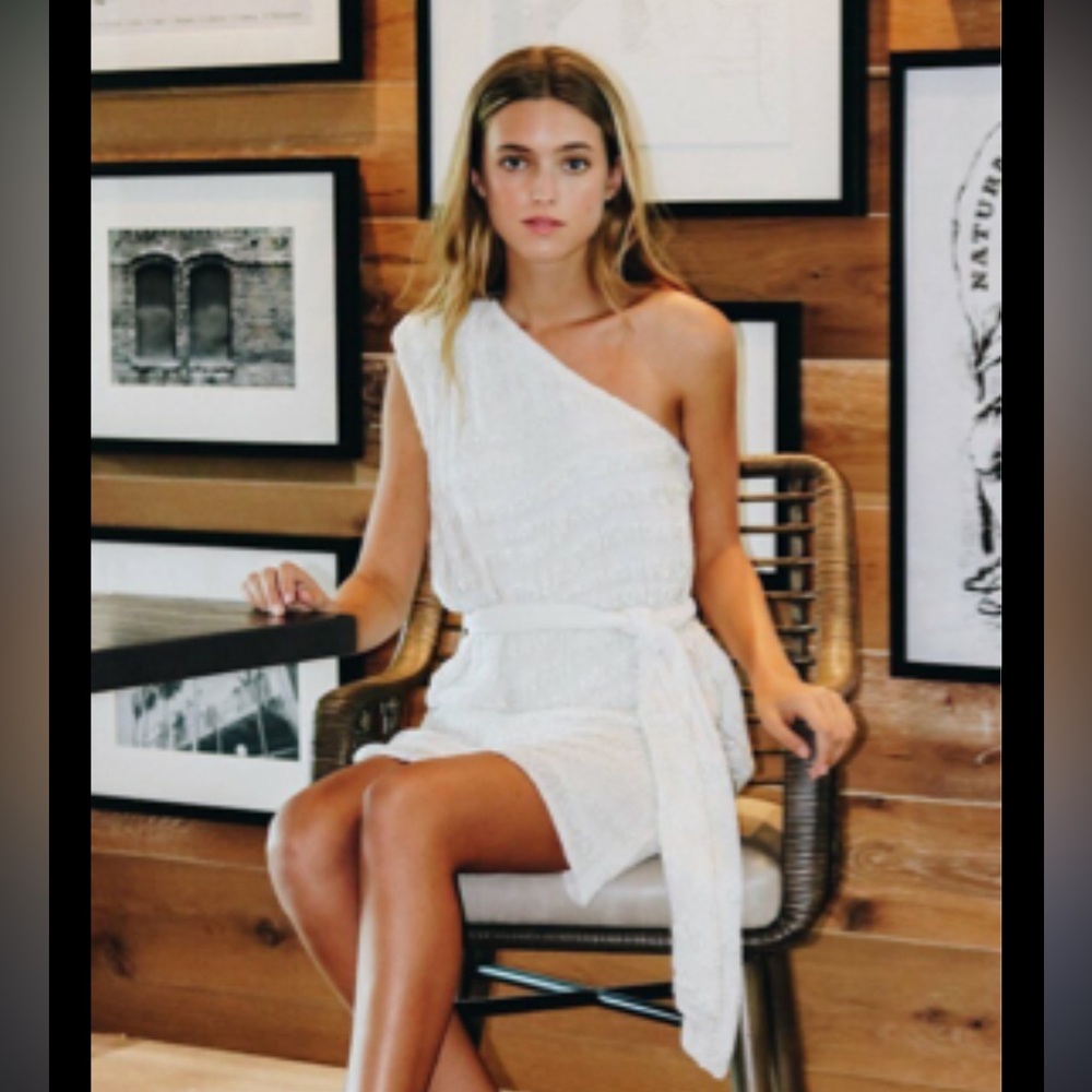 RETROFETE ELLA One Shoulder White Sequin Mini Tie Belt Waist Dress in Moonglow - Picture 2 of 4